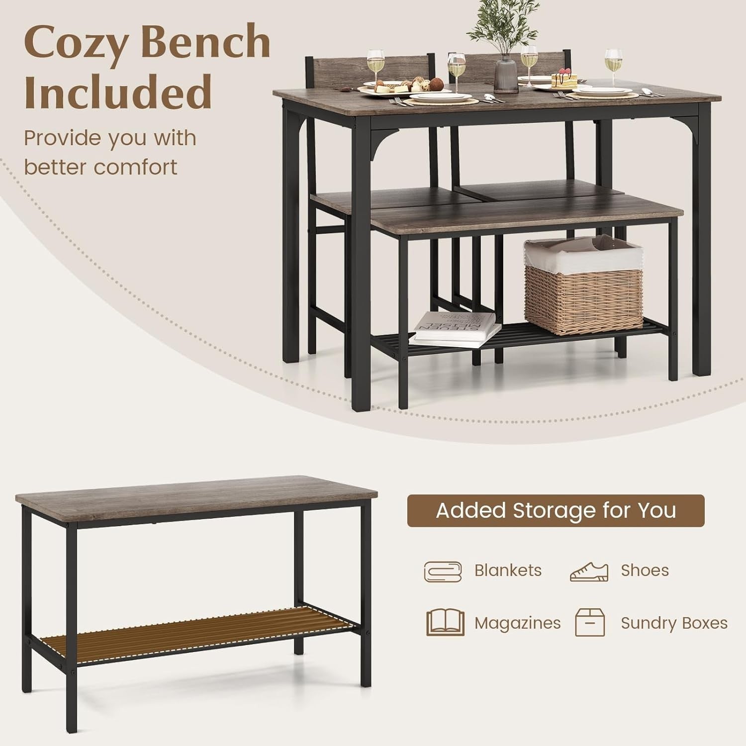 Industrial 4-Piece Dining Set with Bench & Storage Rack – Compact & Stylish