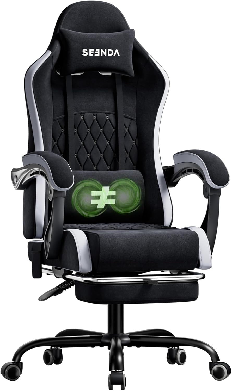 Fabric Gaming Chair w/ Footrest Reclining Massage 125kg