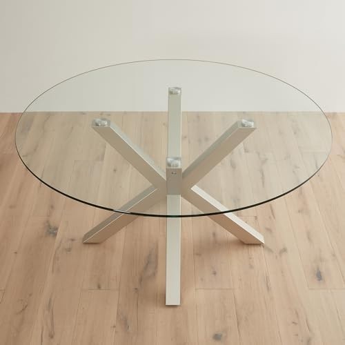 Round Glass Dining Table 150cm Grey Starburst Metal Base 6 Seater