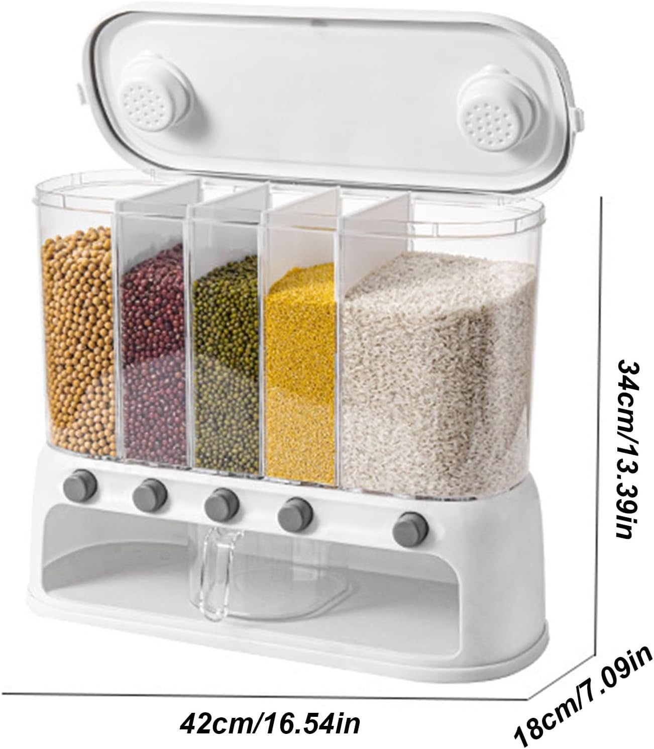12L Wall Mounted Grain Dispenser 5 Grid Rice Cereal Storage Container
