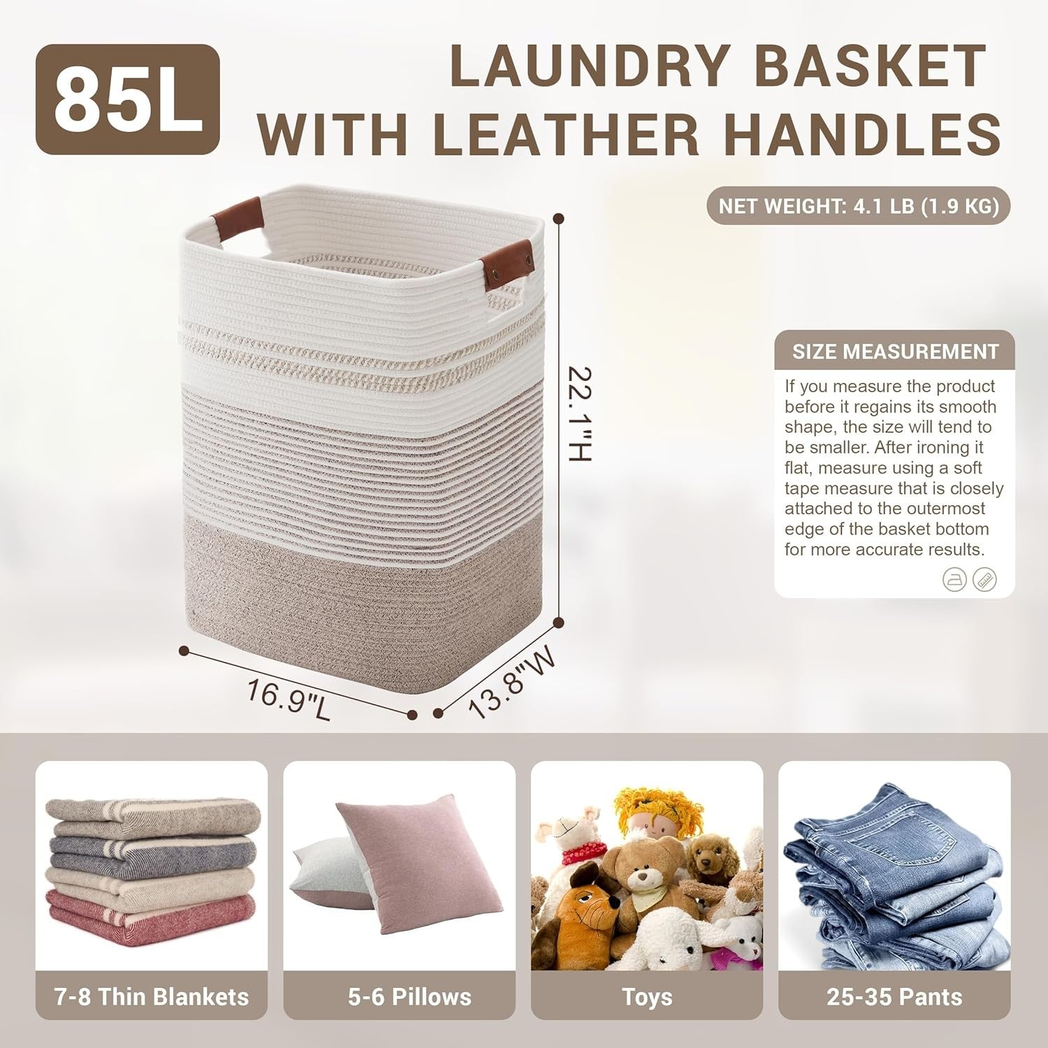 85L Large Woven Laundry Hamper with Handles, Tall Rope Basket for Blankets & Clo