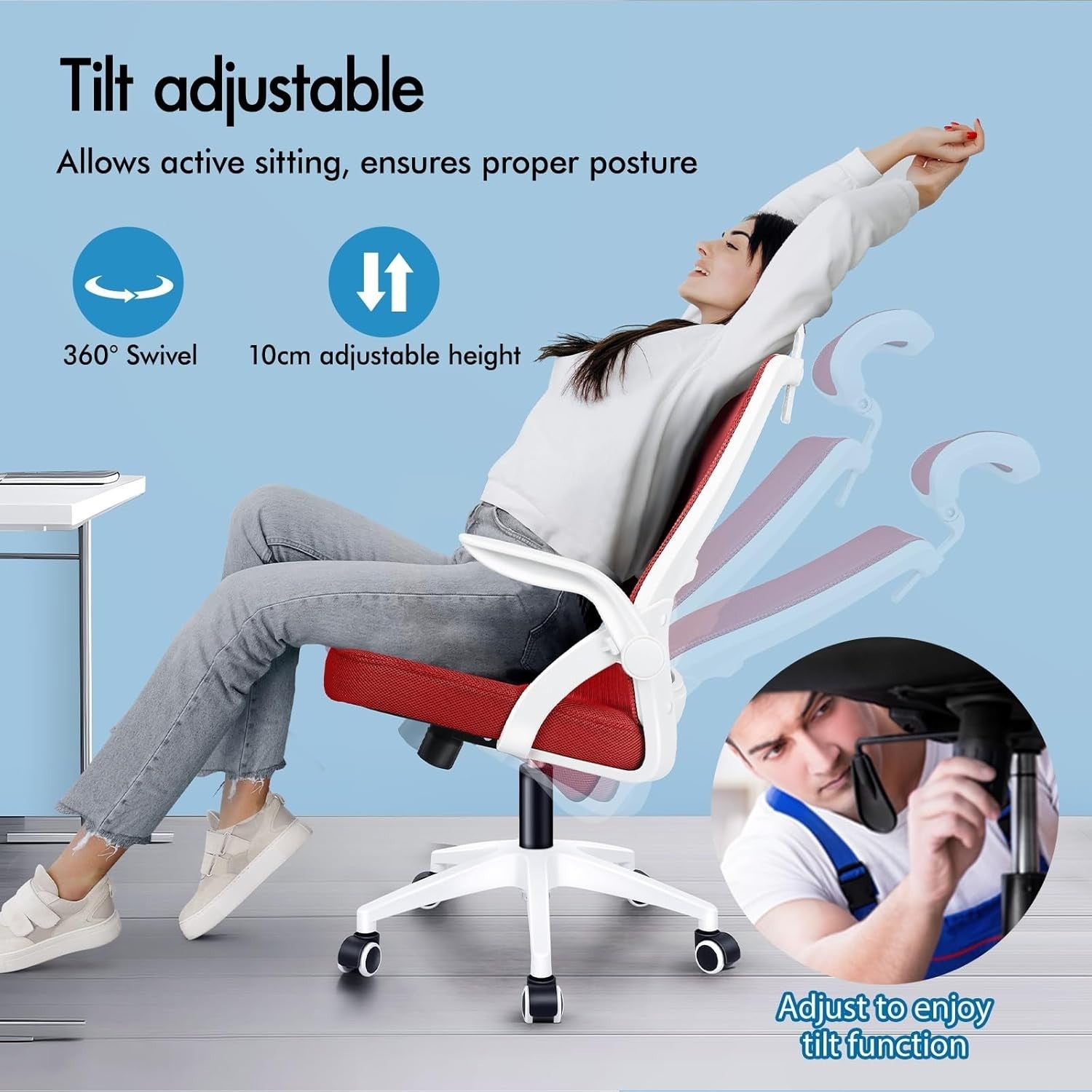 Ergonomic Mesh Office Chair Lumbar Support Flip Arms Headrest Red 180KG Max