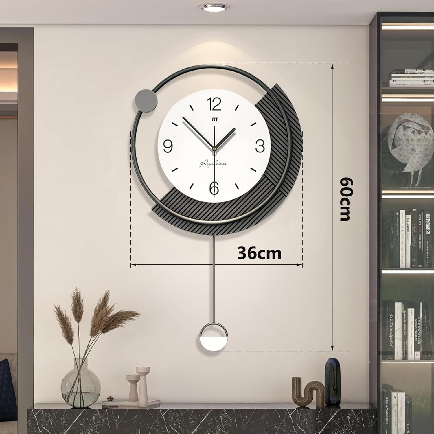 Large Wall Clock 60cm Silent Pendulum Metal Frame Modern Home Office Decor