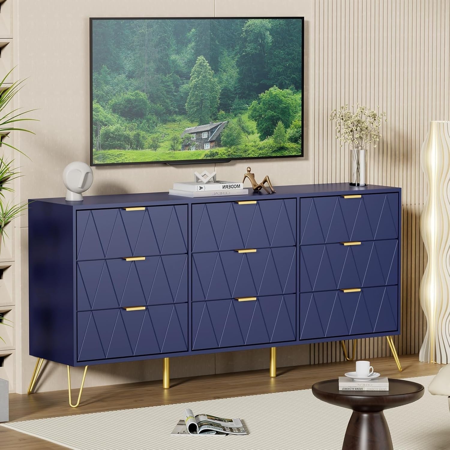 Navy Blue 9 Drawer Chest Wide Storage Cabinet Modern Dresser for Bedroom
