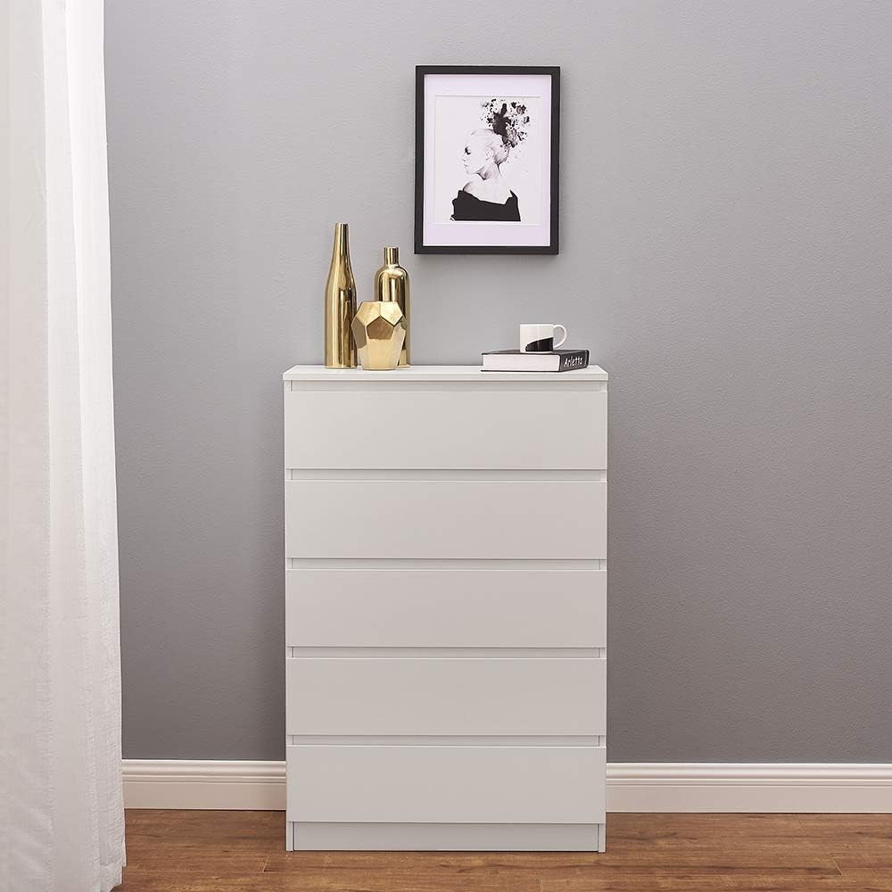 White 5 Drawer Chest | Tall Modern Storage Unit | Bedroom Office Cabinet