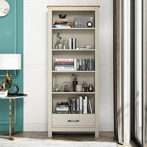 5-Tier Tall Bookcase with Drawer Light Grey Wooden Storage Shelf Unit