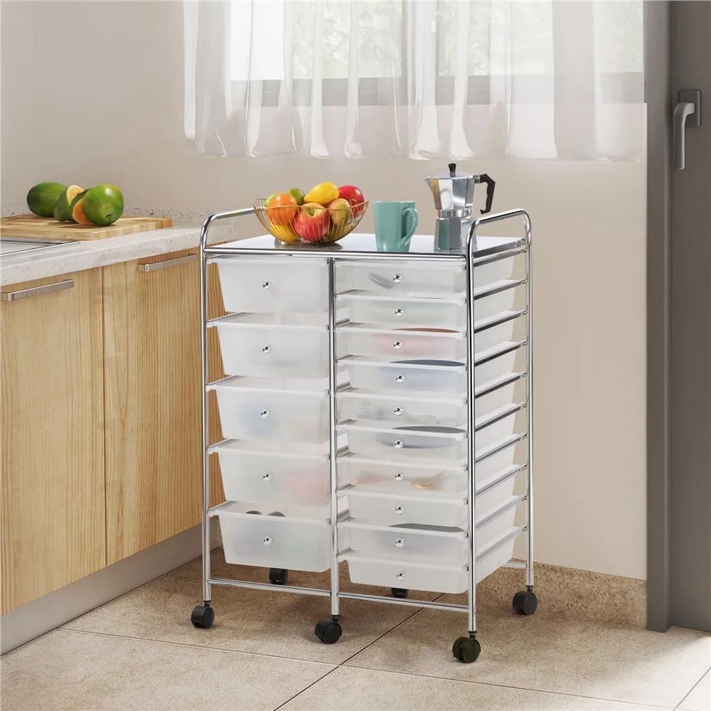 15 Drawer Rolling Storage Trolley White Beauty Office Organizer Cart