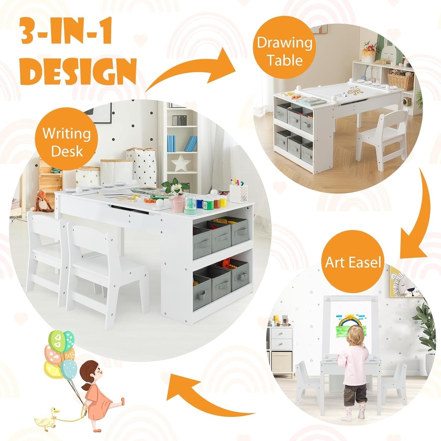 Kids Activity Table & 2 Chairs Set w/ Storage, Paper Roll, 5 Paint Cups