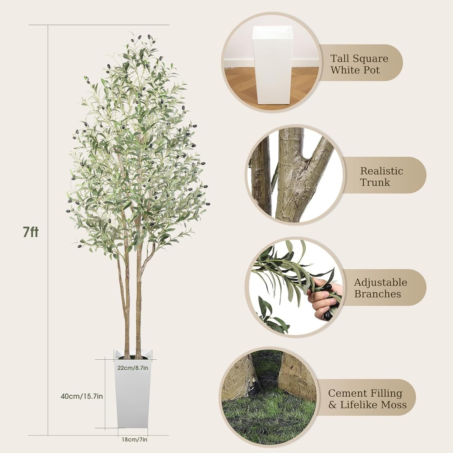 7FT Faux Olive Tree Tall White Pot Natural Wood Trunk Indoor Room Floor Decor