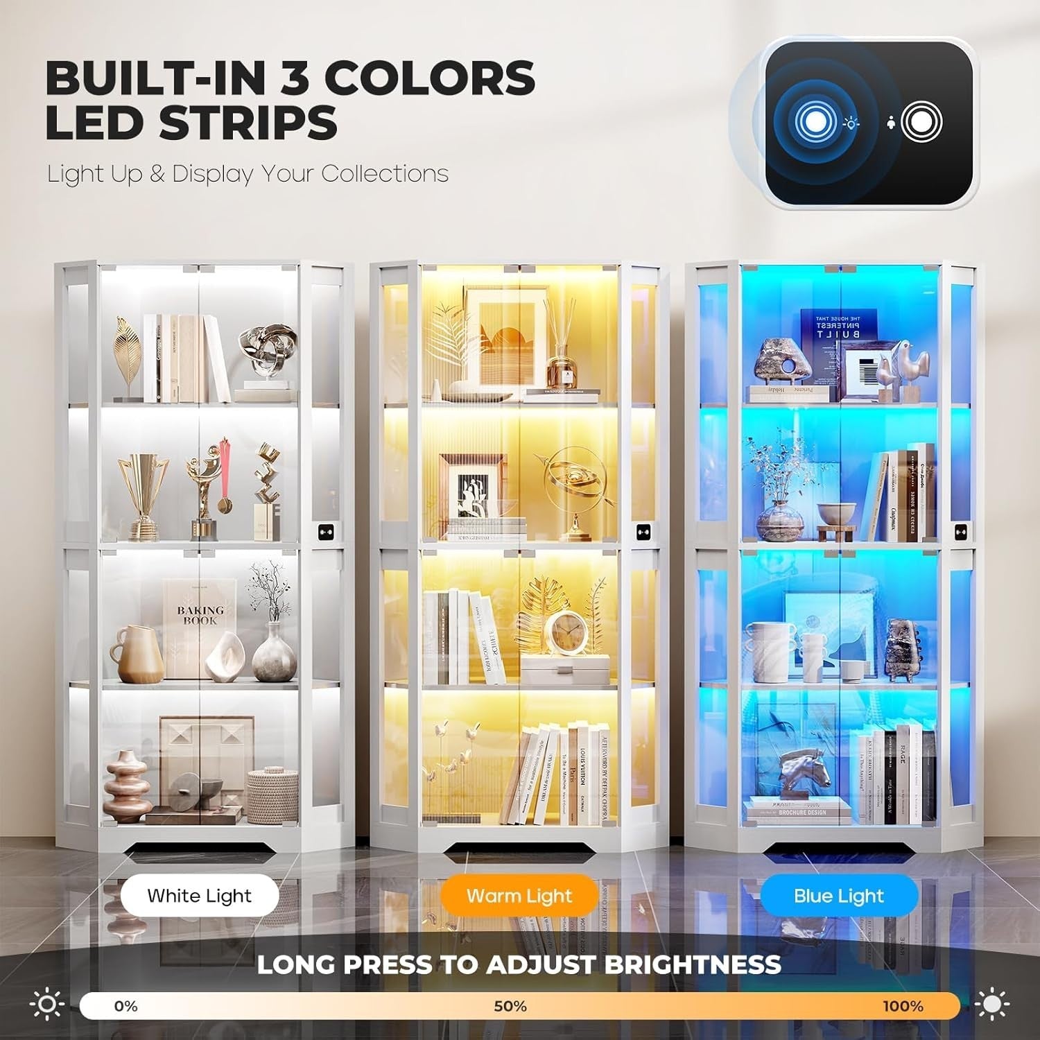 Corner Glass Display Cabinet with LED Lights, Sensor, Lock, 85x36x165cm