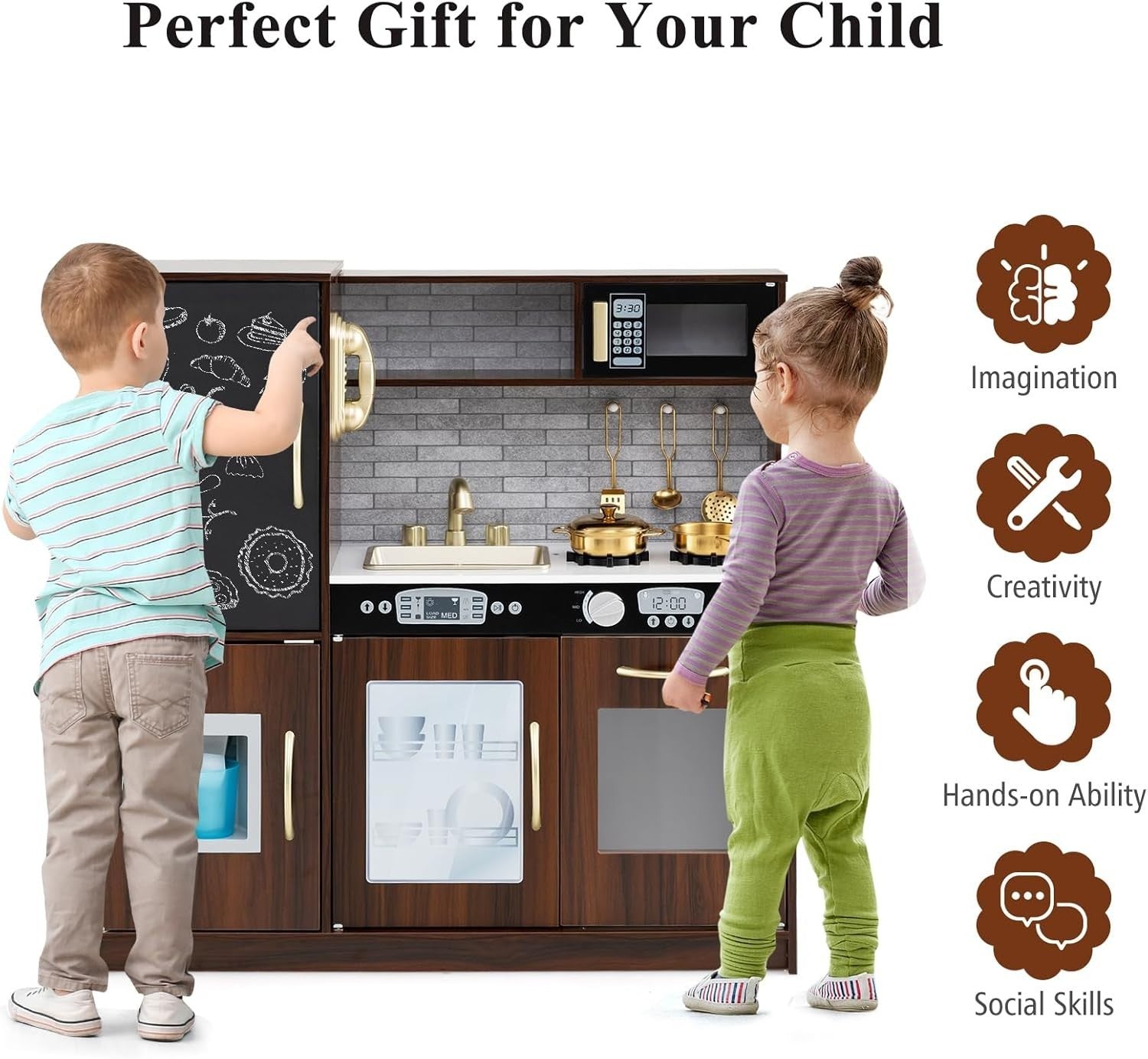 Kids Wooden Play Kitchen w/ Ice Maker Chalkboard Coffee Toy