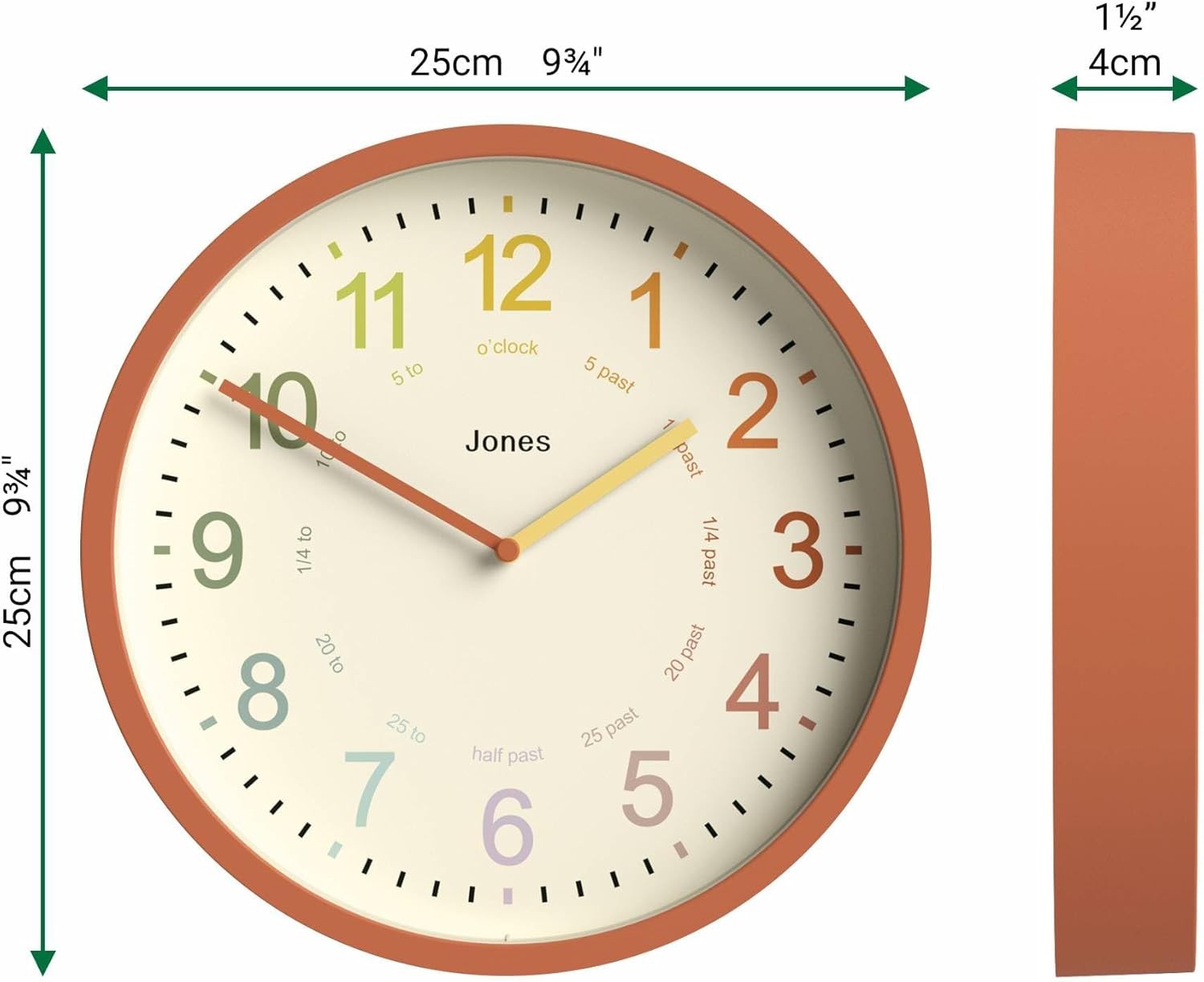 Modern Kids Wall Clock 25cm Silent Quartz Nursery Clock Terracotta Orange