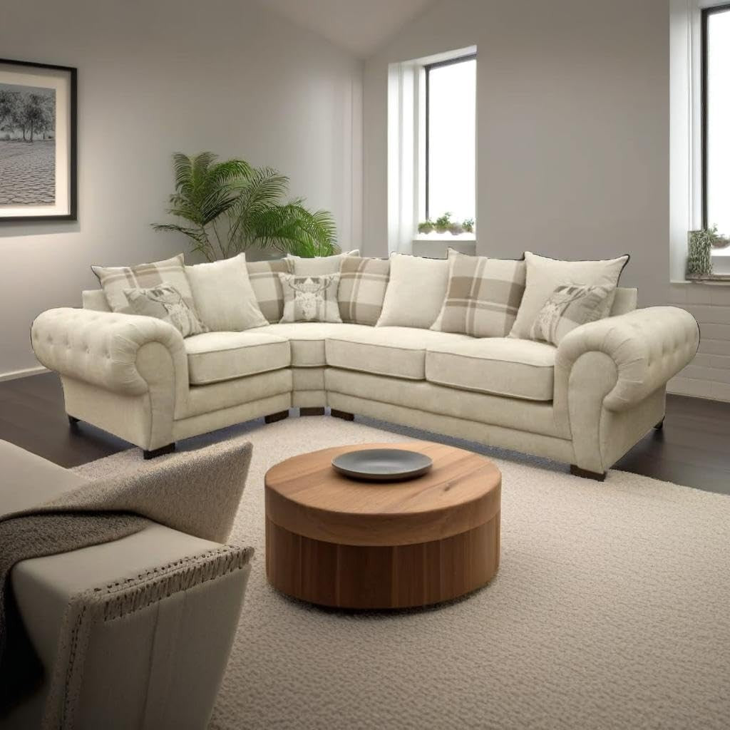 Beige Corner Sofa 4-Seater Sectional with Scatter Cushions & Chenille Fabric