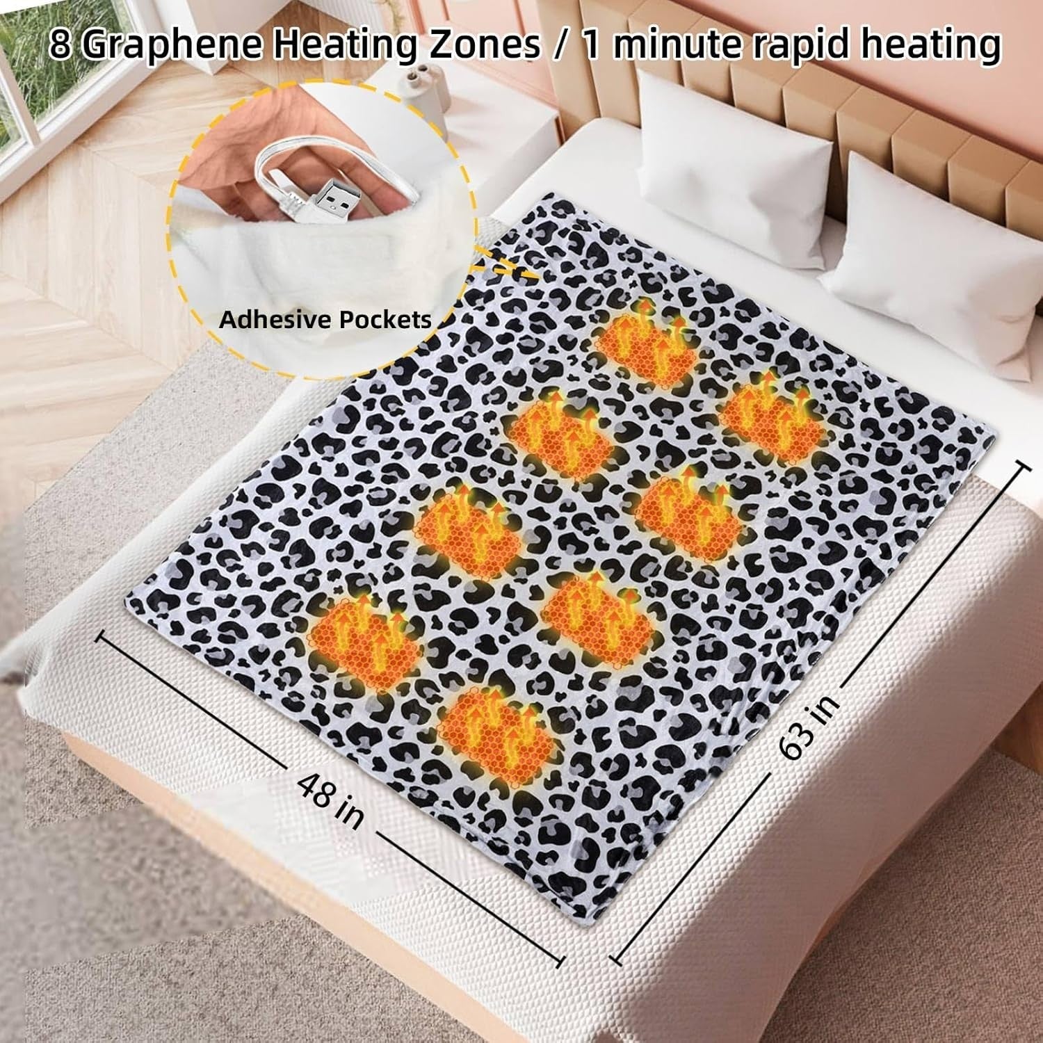 USB Heated Throw Blanket 50"x60" Portable Fleece 3 Heat Settings Travel Car Home
