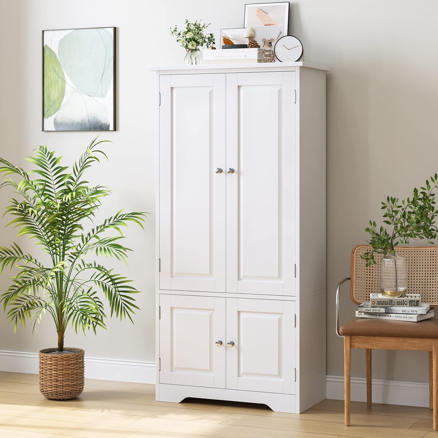 Tall White Kitchen Storage Cabinet 4 Door Cupboard Adjustable Shelves Unit