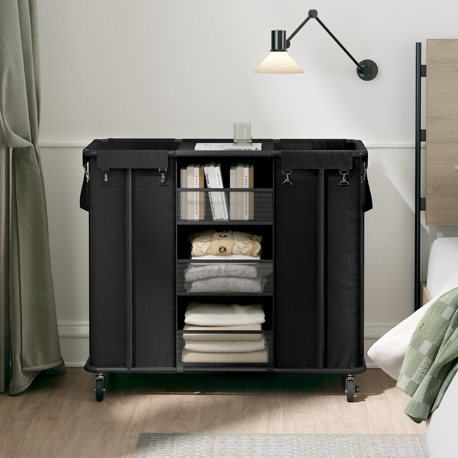 200L Rolling Laundry Sorter Cart with Shelves & Dual Hanging Bags Black
