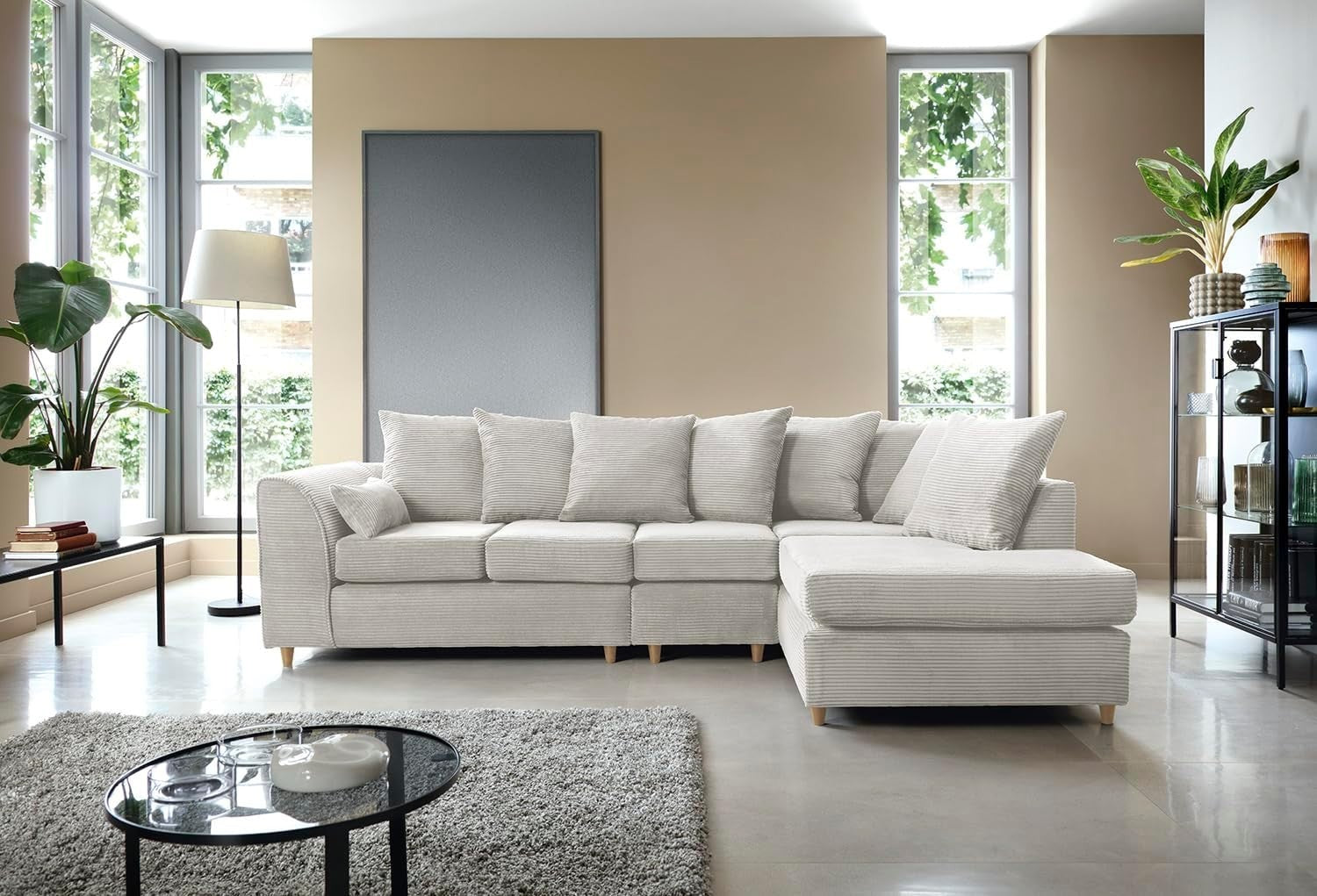Cream 5-Seater L-Shape Sofa Scatter Back Cushions Armrest Right Hand