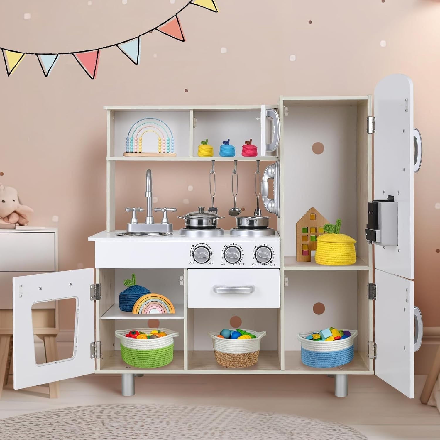 Kids Wooden Play Kitchen Set w/ Lights Sounds Oven Phone White