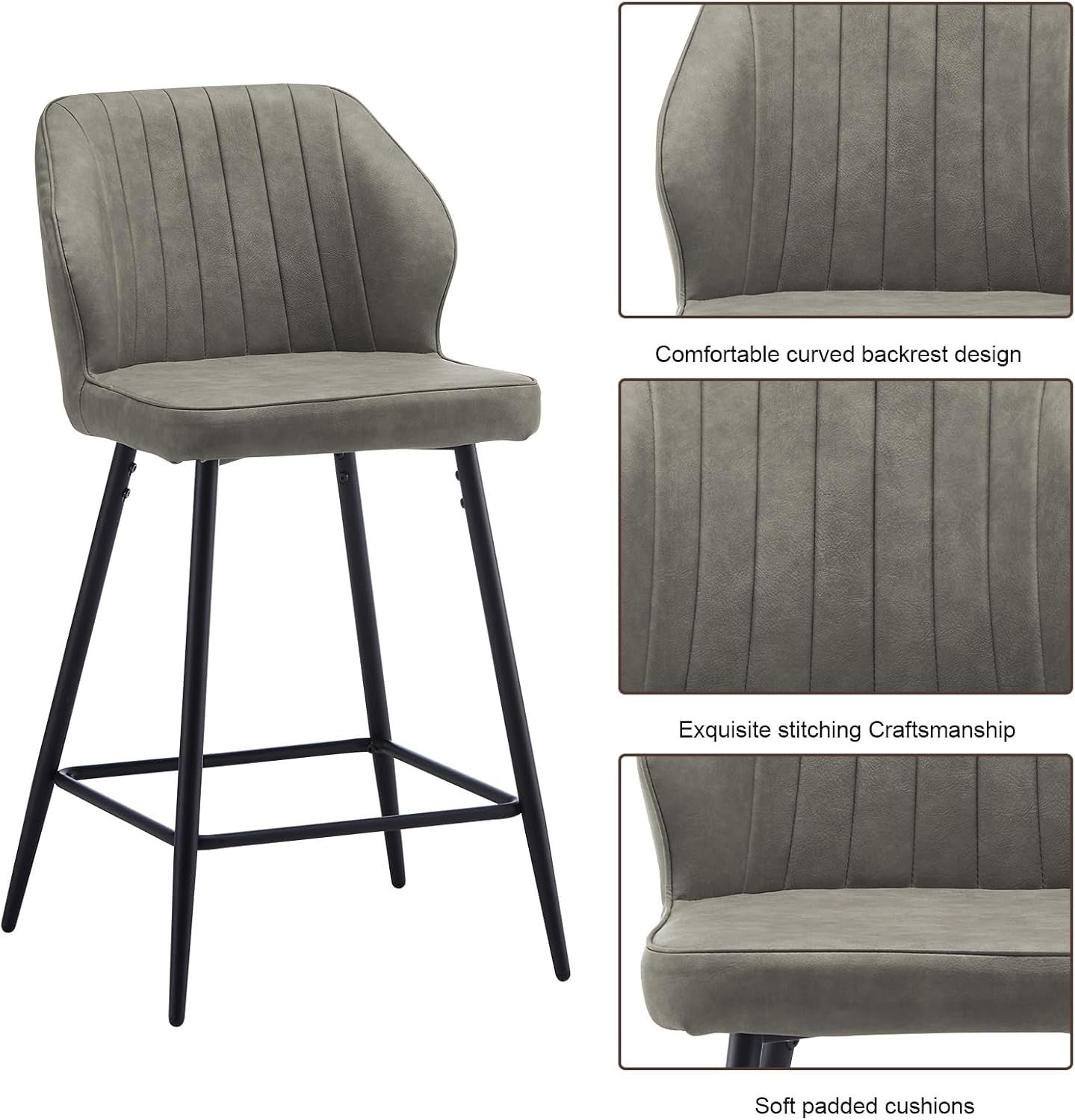Light Grey Bar Stool Set of 2 | Faux Leather Counter Stools with Back & Arms