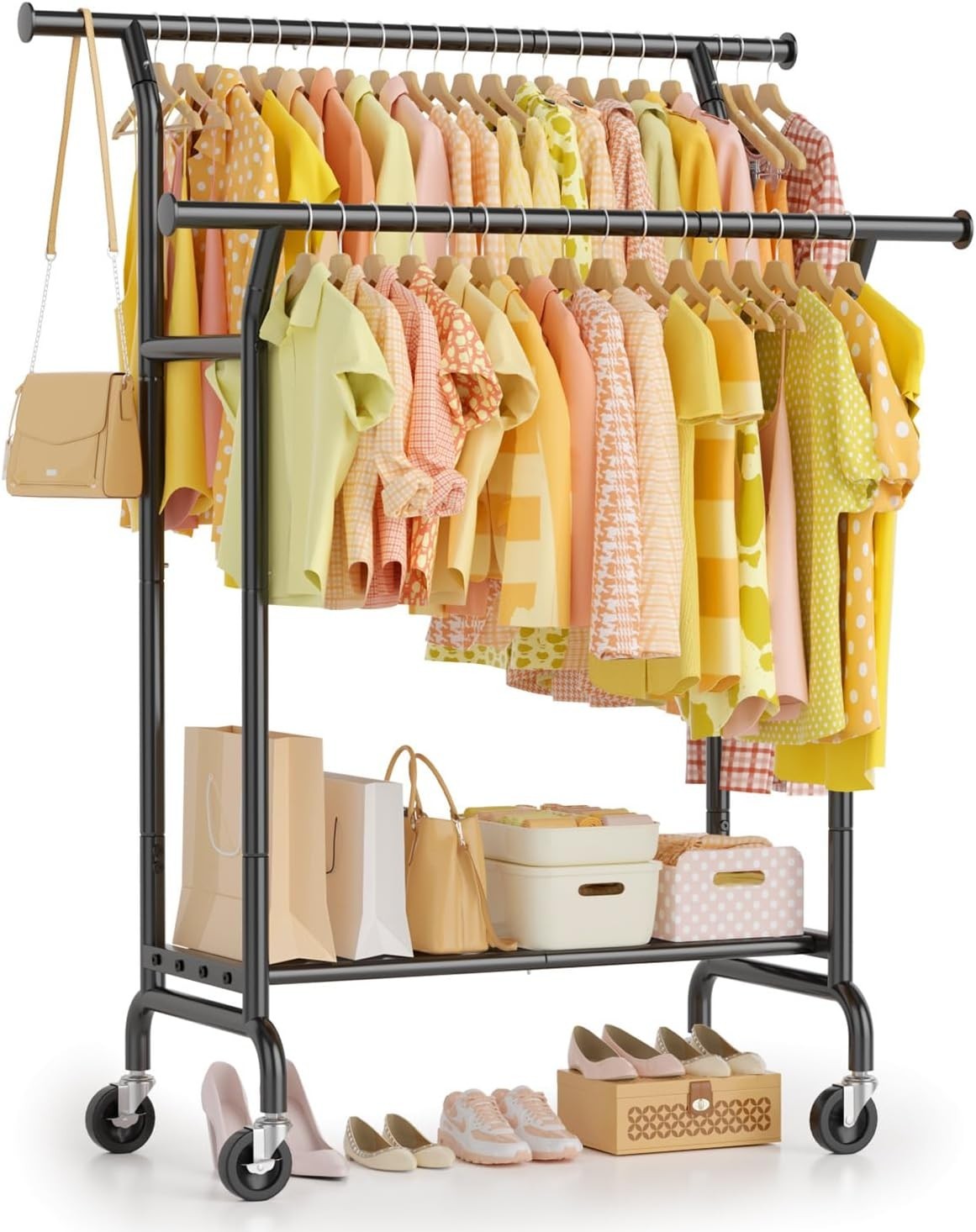 Heavy Duty Double Clothes Rail with Shelves & Wheels – Black