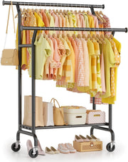 Heavy Duty Double Clothes Rail with Shelves & Wheels – Black