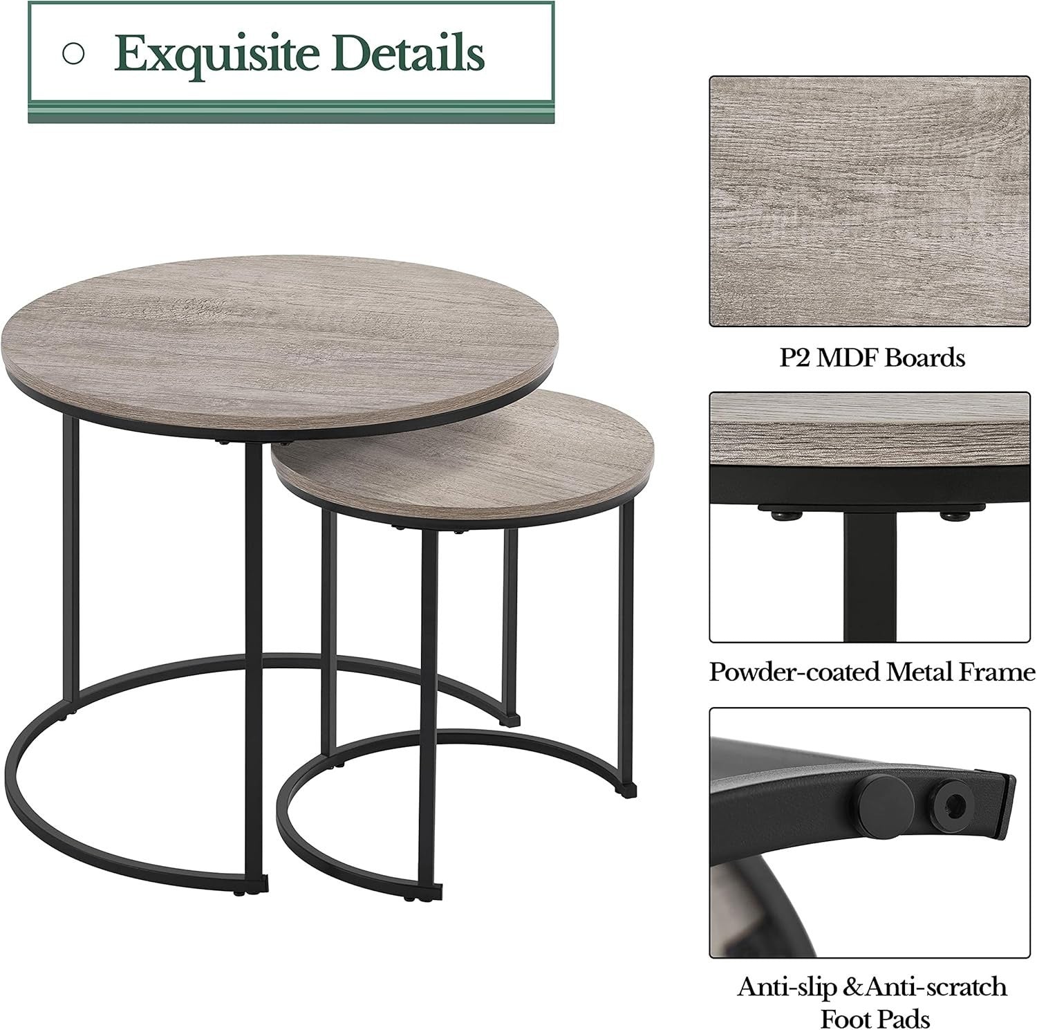 Space Saving Nesting Coffee Table Set Grey Round Side End Tables Engineered Wood