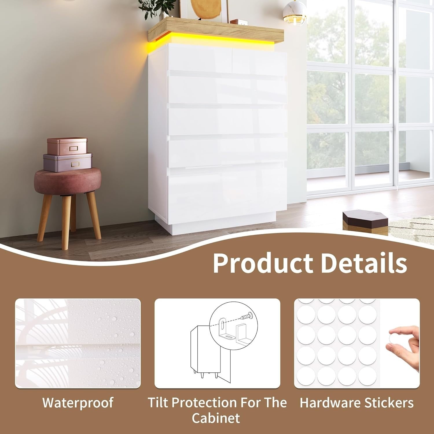 White Gloss Sideboard LED Chest Cabinet 6 Drawer Unit Storage Modern**