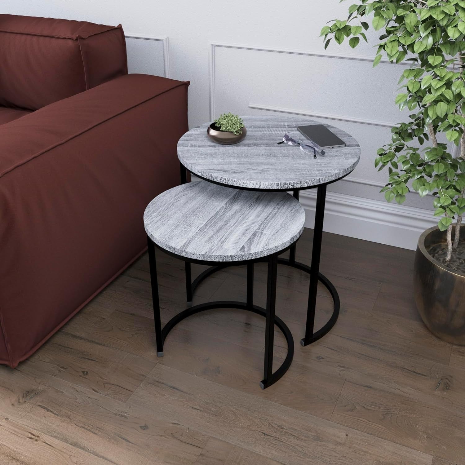 2pc Grey Metal Round Nesting Coffee Side End Tables Industrial Modern Set
