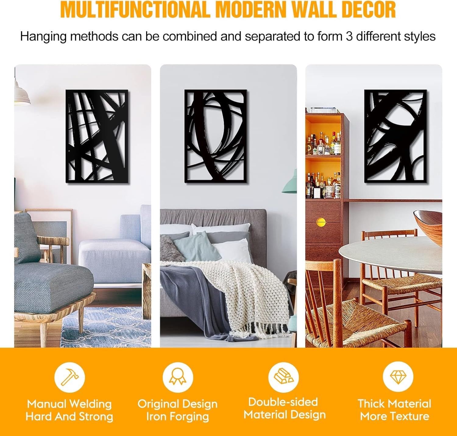 3Pcs Black Abstract Metal Wall Art 18x12in Line Design