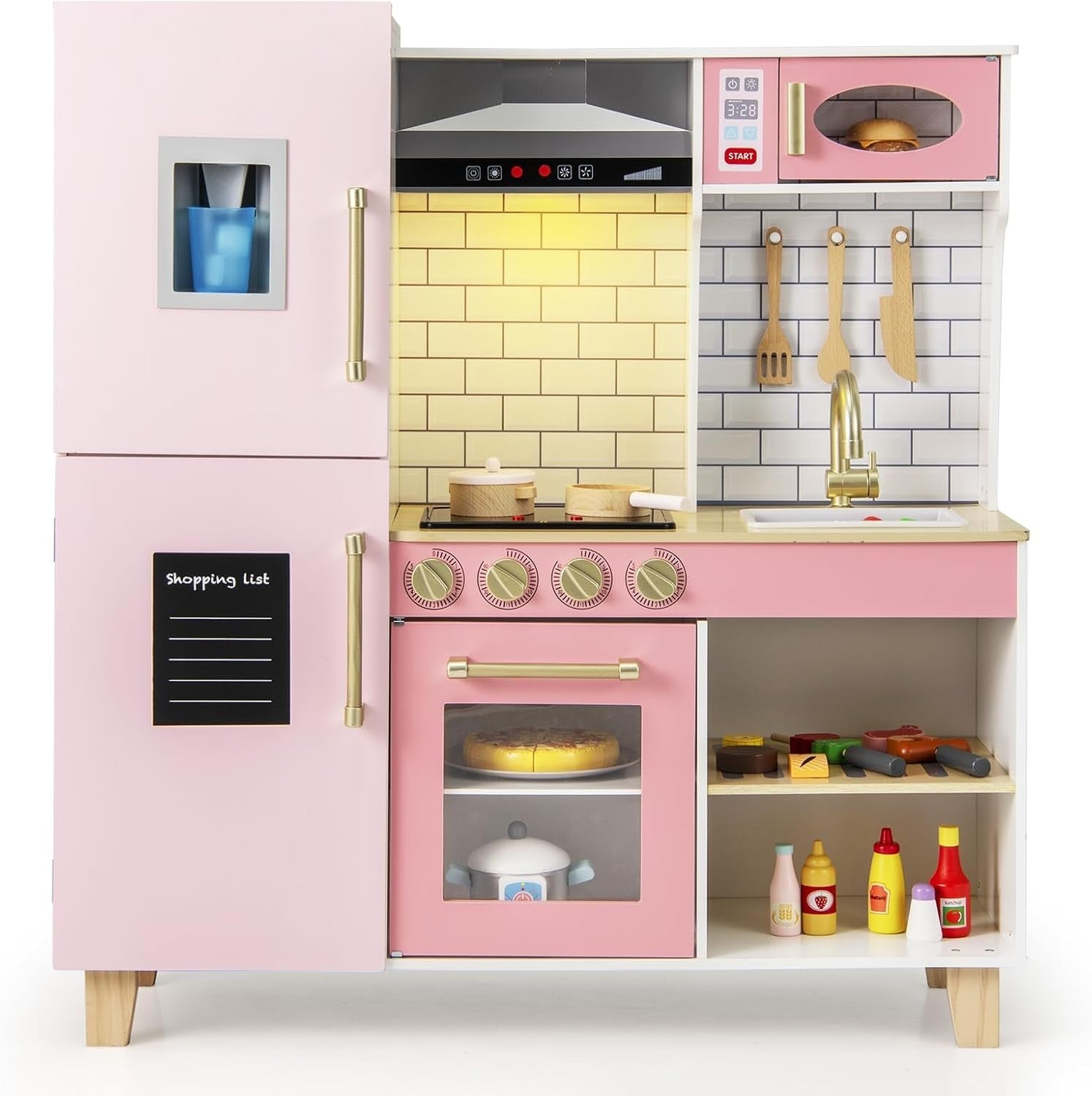 Wooden Kids Play Kitchen Pink Lights Sounds Chalkboard Toy Set