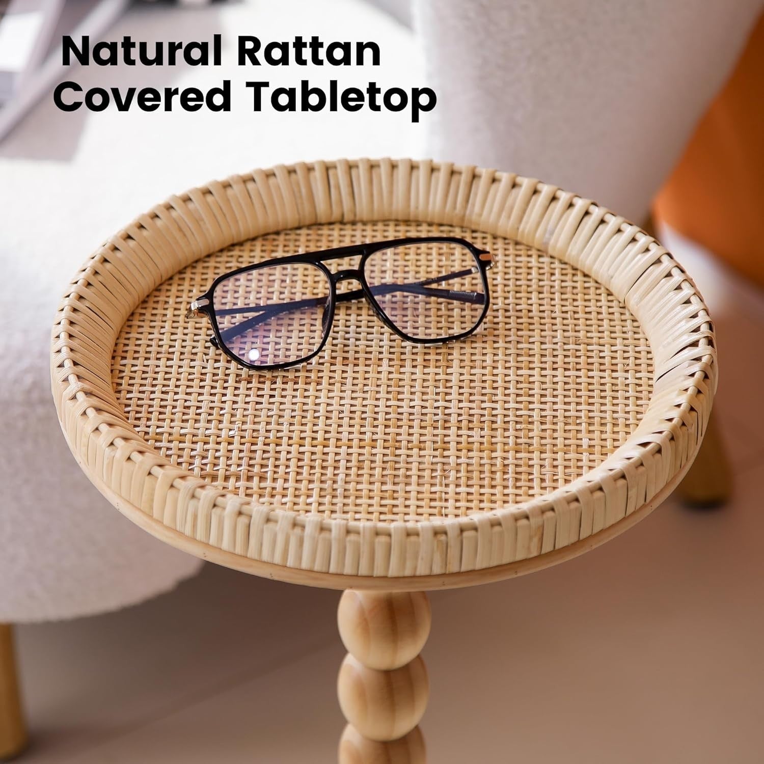 Boho Round Side Table 30.5x30.5x50.8 cm | Rattan End Table for Living Room