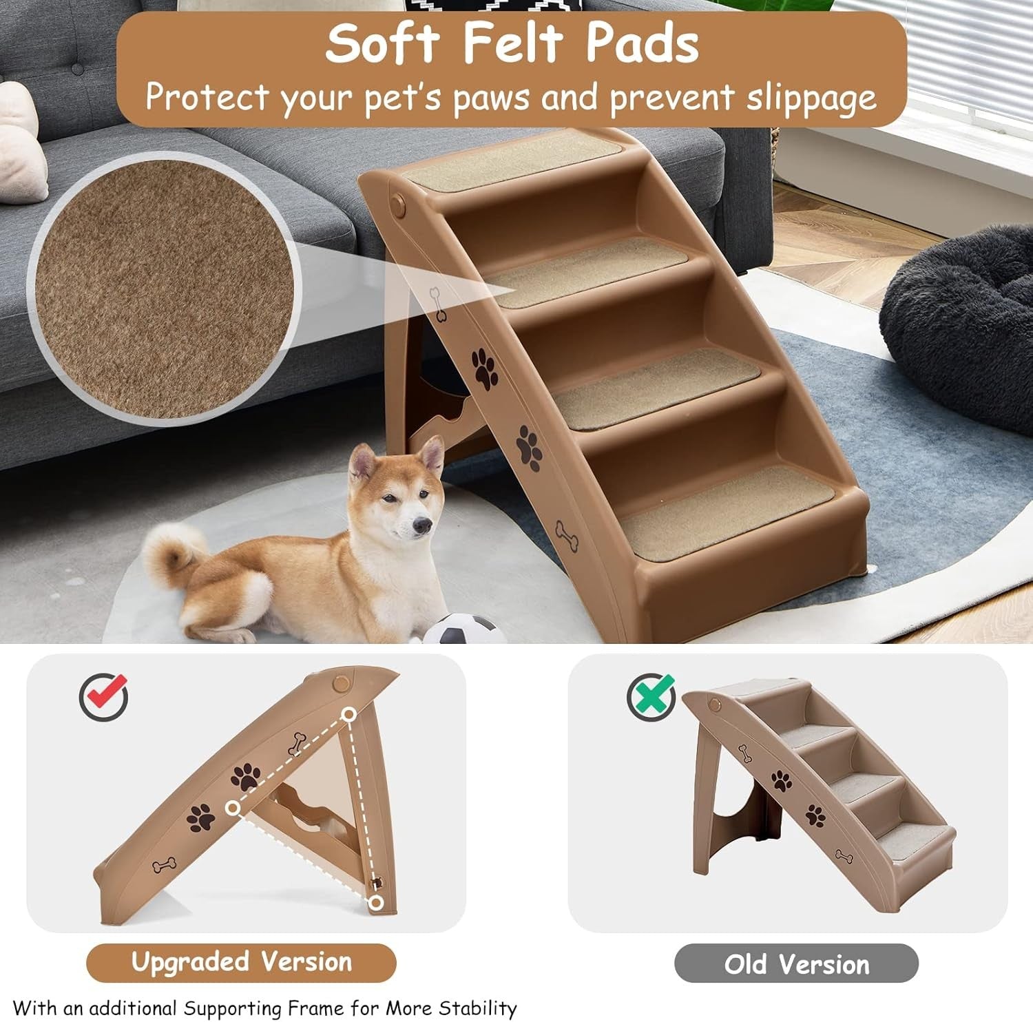 Foldable Portable Dog & Cat Pet Steps Non‑Slip Felt Pet Ramp for Couch Bed