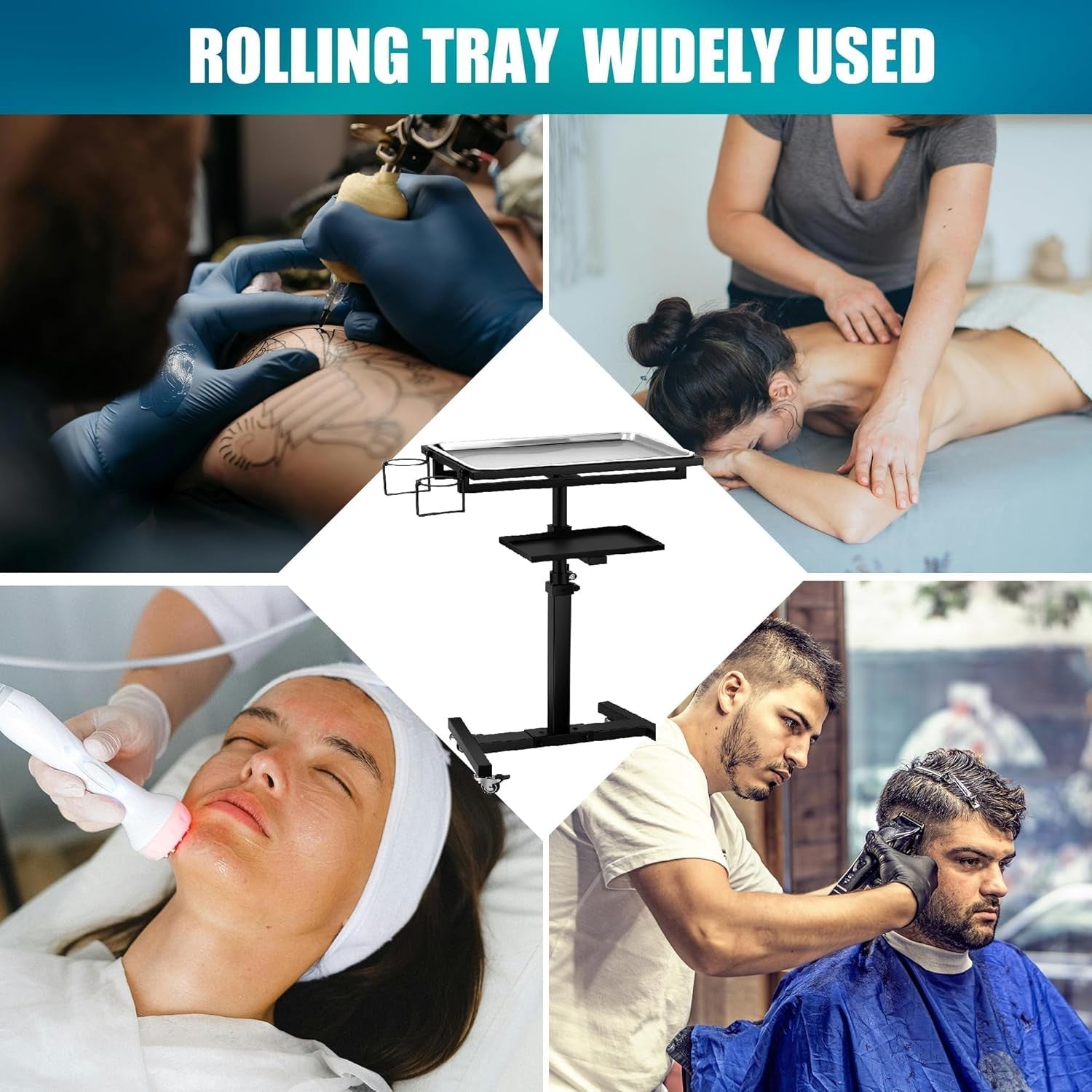 Adjustable Tattoo Tray on Wheels Stainless Steel Rolling Workstation