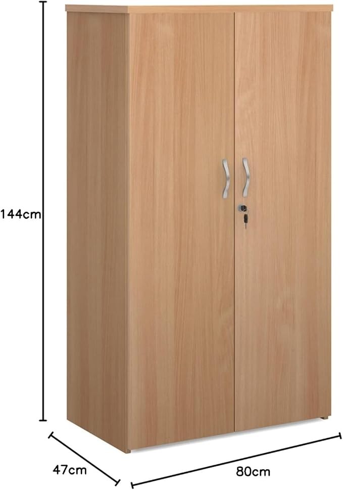 Beech Wood Storage Cupboard 3 Shelves Lockable Double Door Office Cabinet 144cm