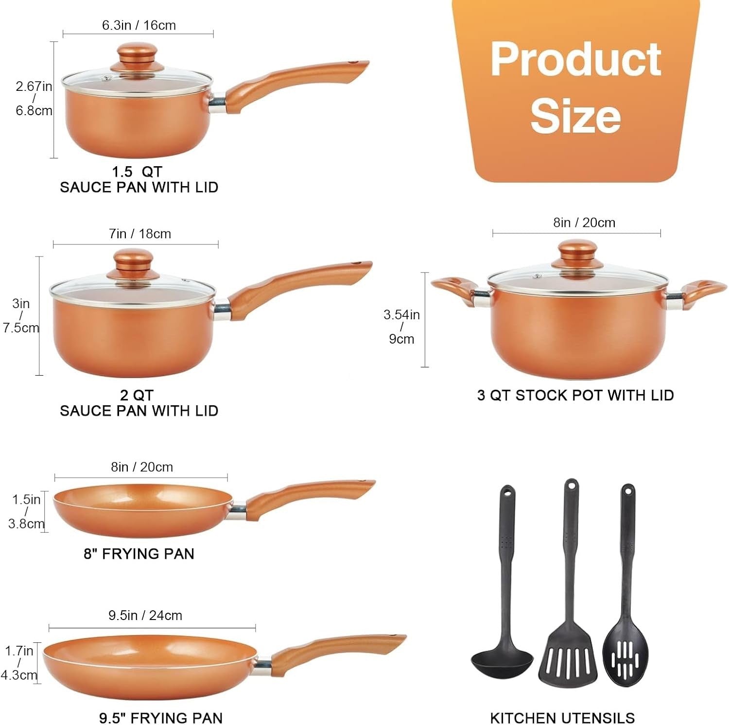 11pcs Copper Ceramic Cookwear Set Non Stick Pots & Pans PFOA Free with Lids