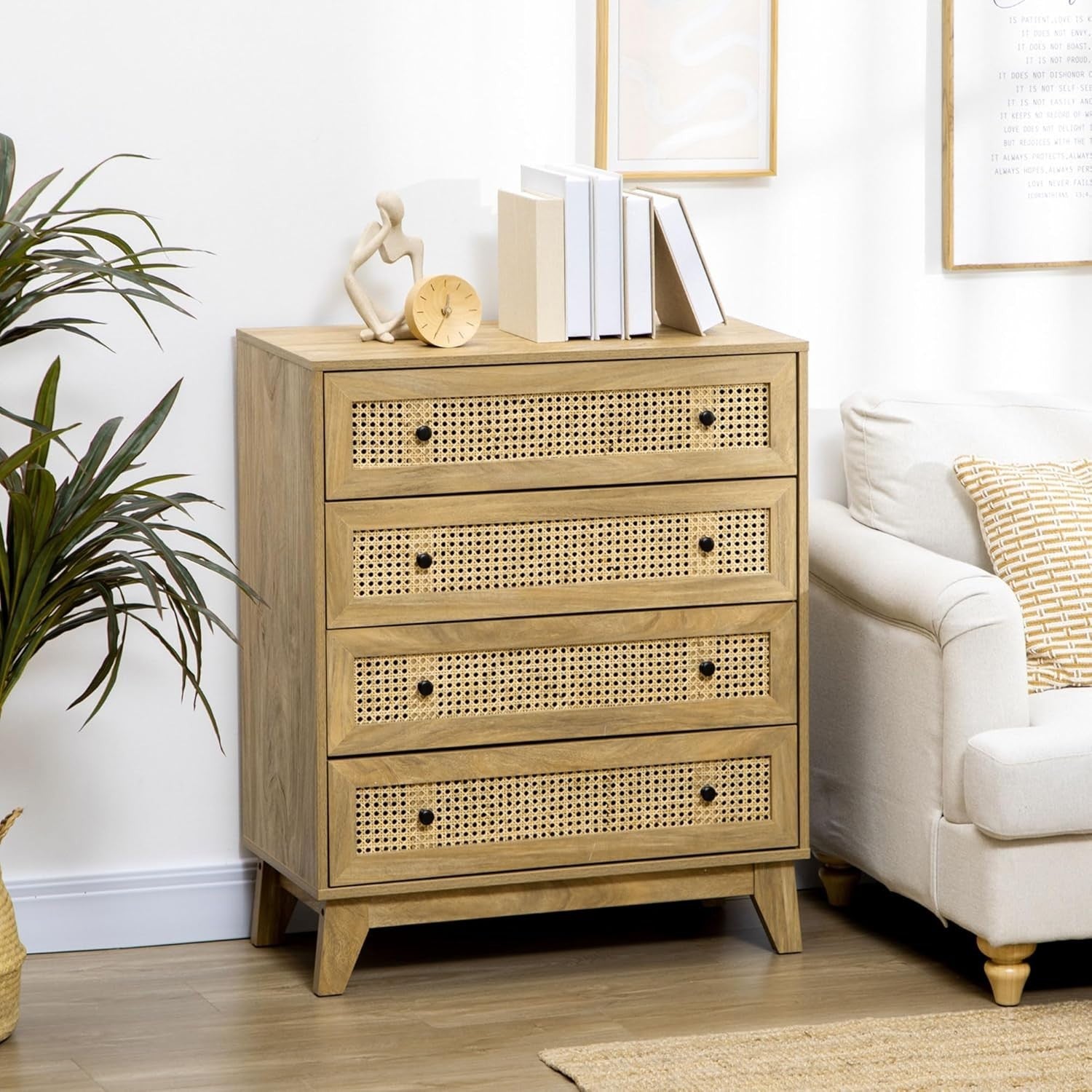 Rustic 4-Drawer Storage Chest with Rattan Panels Bedroom Organizer Unit