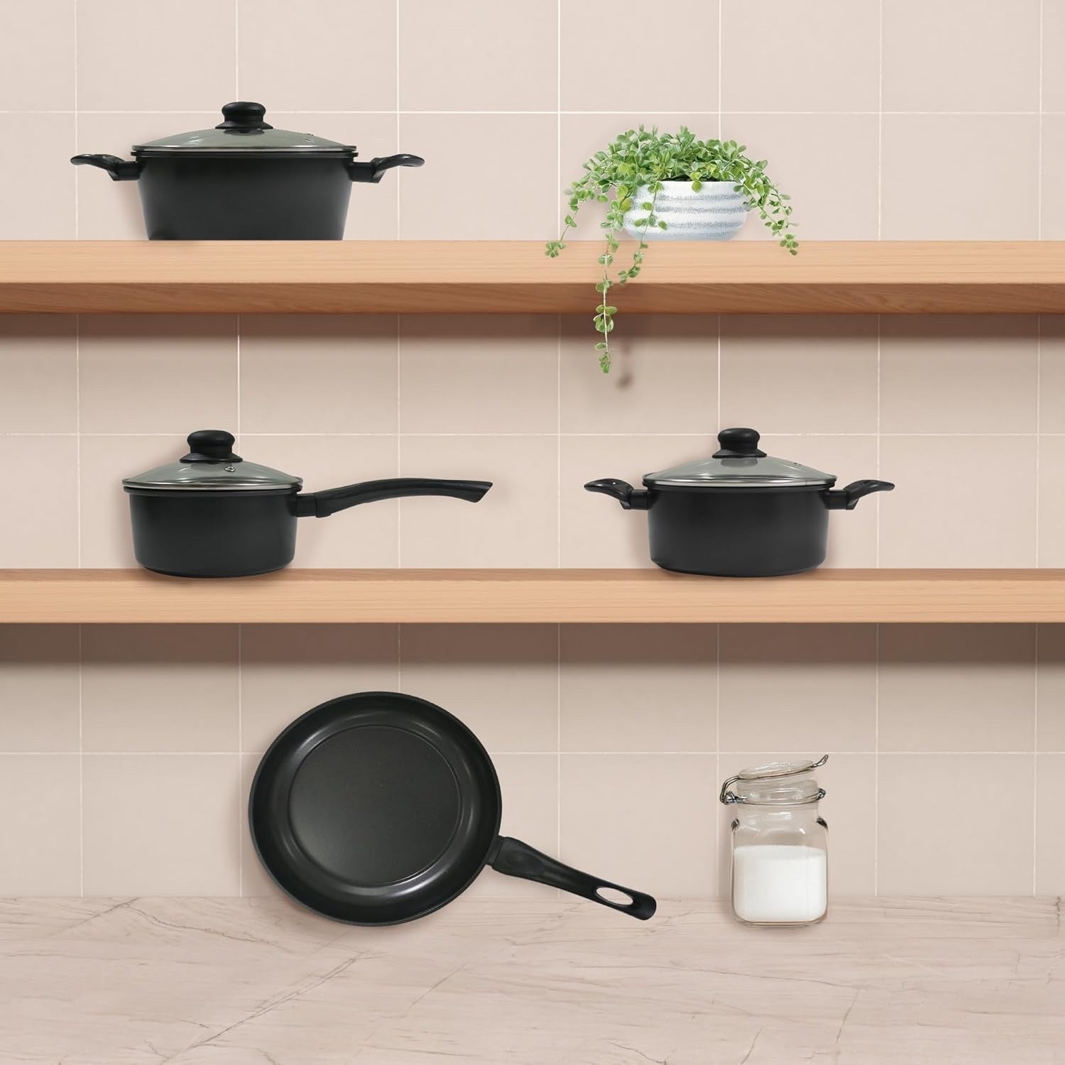 7Pcs Black Carbon Steel Non Stick Cookware Set Pots and Pans with Glass Lids