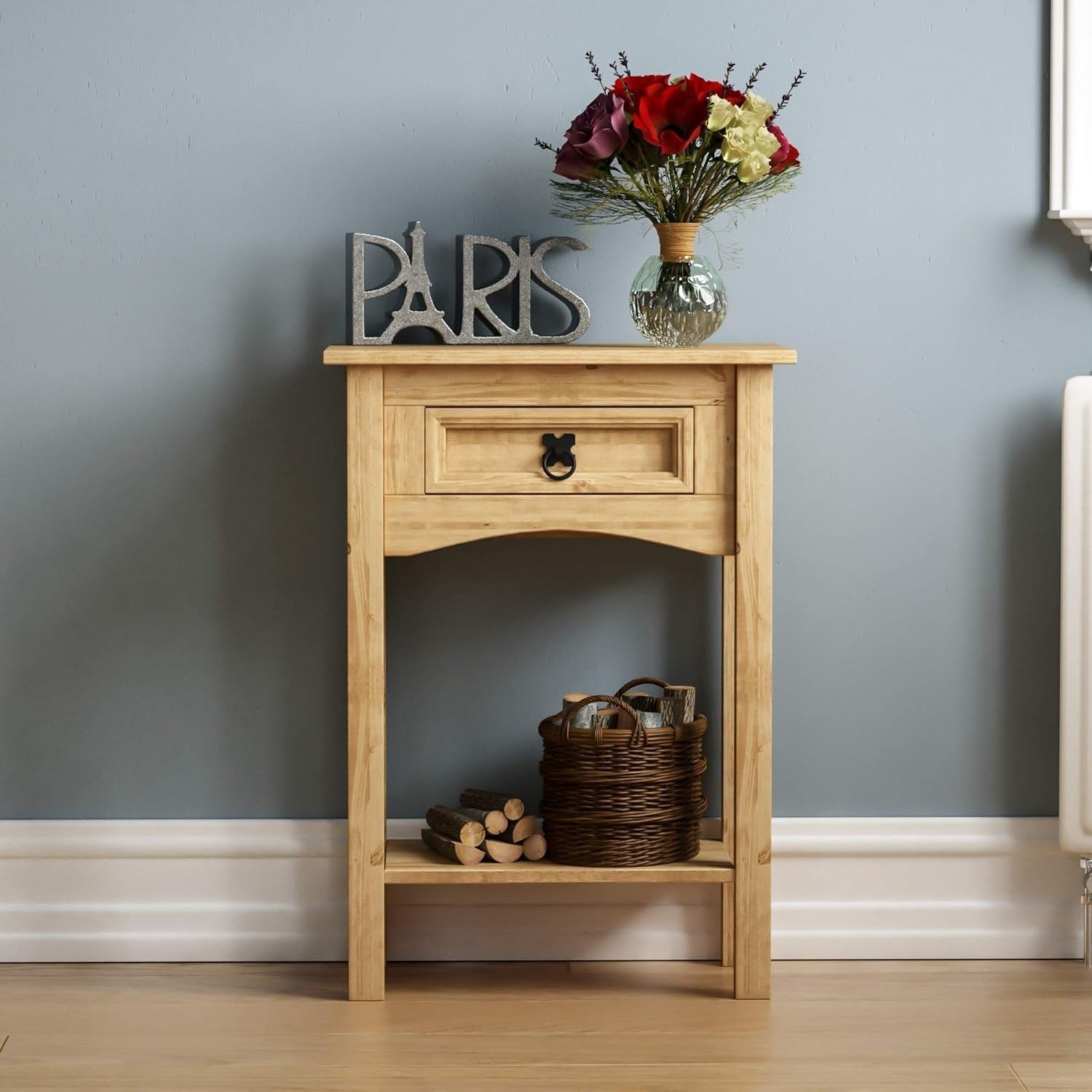 Slim Console Table with Drawer & Shelf, Pine Wood, 70x50x31cm, Rustic Hallway St