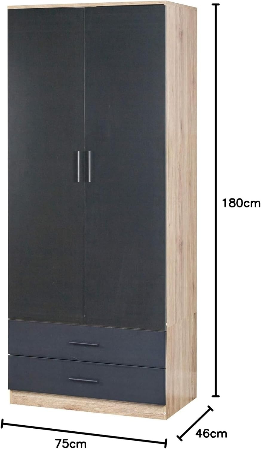 Tall Oak 2 Door Wardrobe Black Drawers | Modern Bedroom Clothes Storage