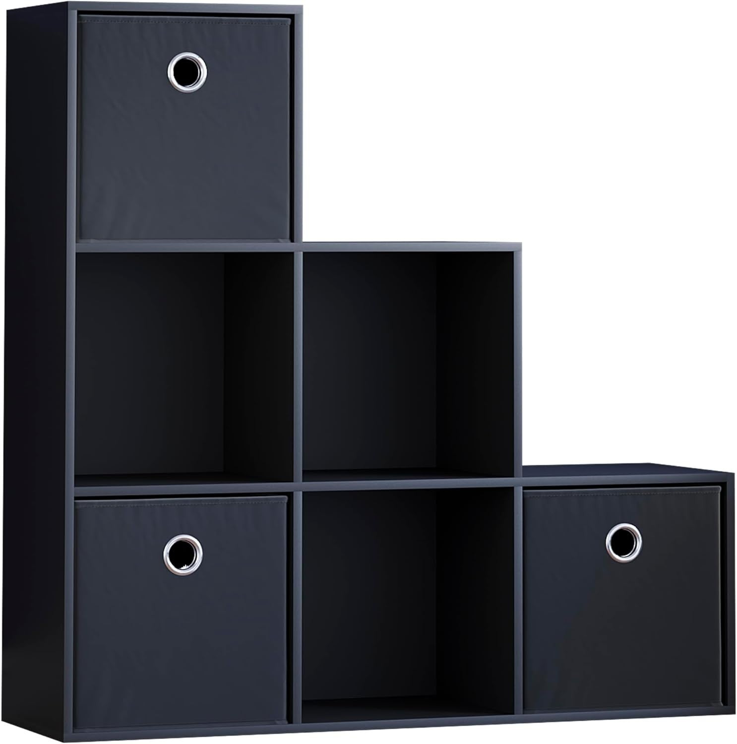 6 Cube Black Staircase Bookcase with 3 Baskets – Sturdy Storage Organizer