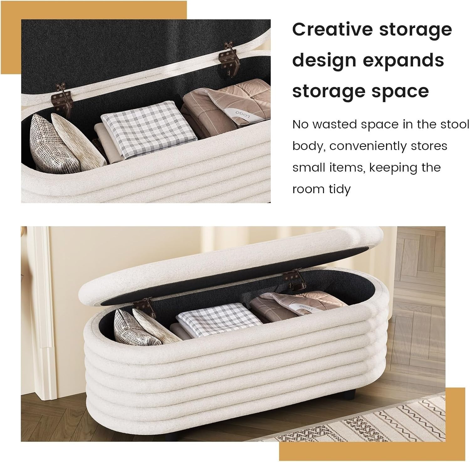 Miuuod Oval Storage Ottoman Bench 116.5cm Sherpa Fabric Cream White