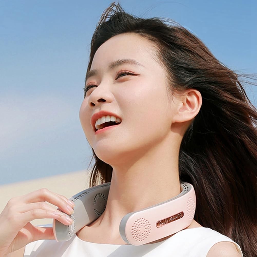 Rose Gold 3-Speed Neck Fan – 360° Airflow Twin Turbo Design, USB Rechargeable