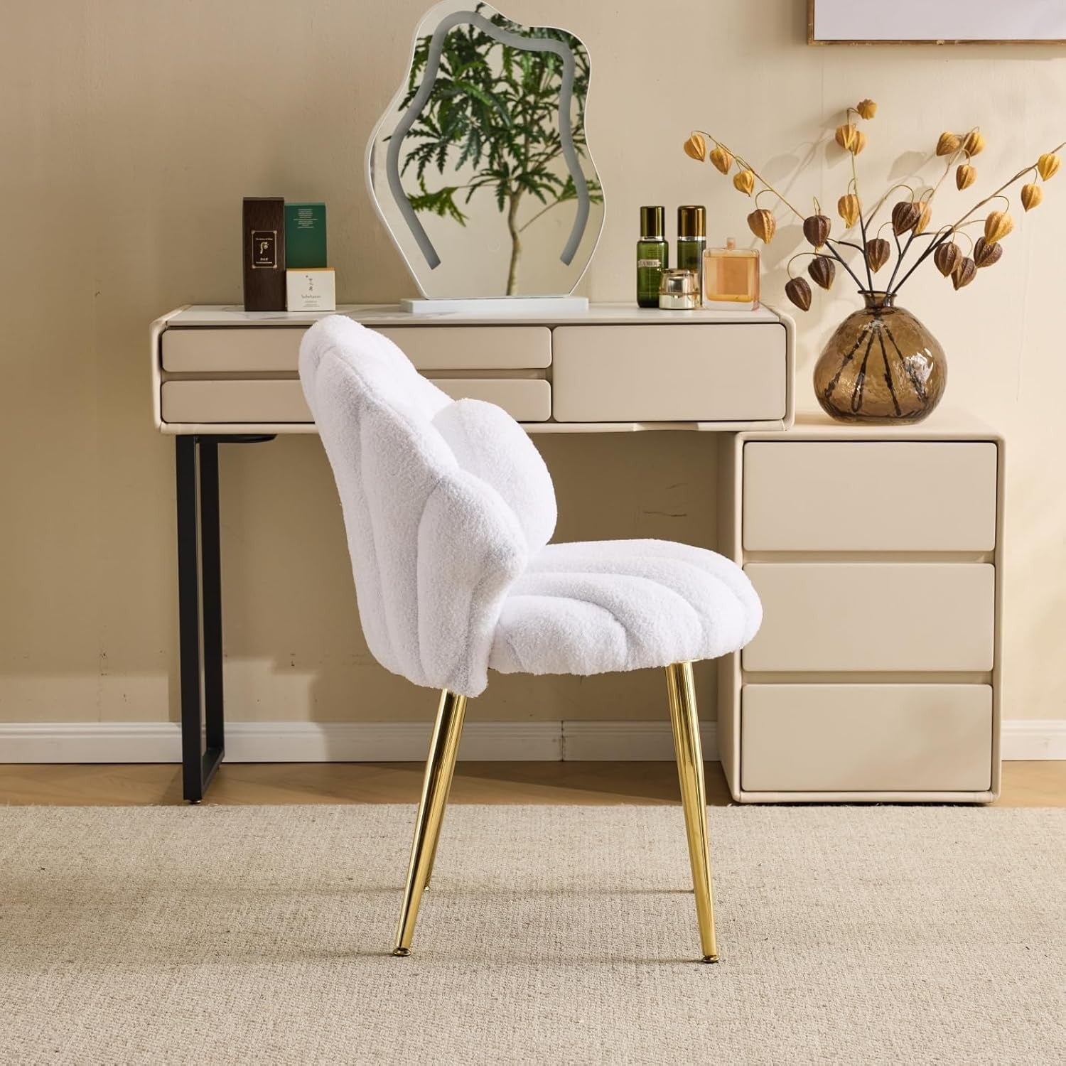 Pearl White Teddy Accent Chair Gold Legs Vanity Dressing Table