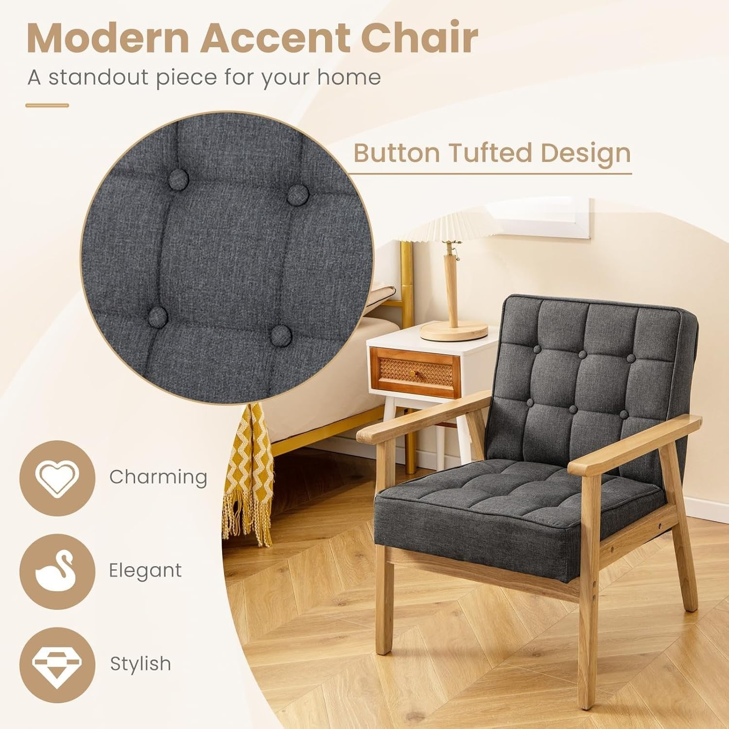 Grey Fabric Accent Chair Wooden Arm Tufted Lounge Armchair Sofa Seat
