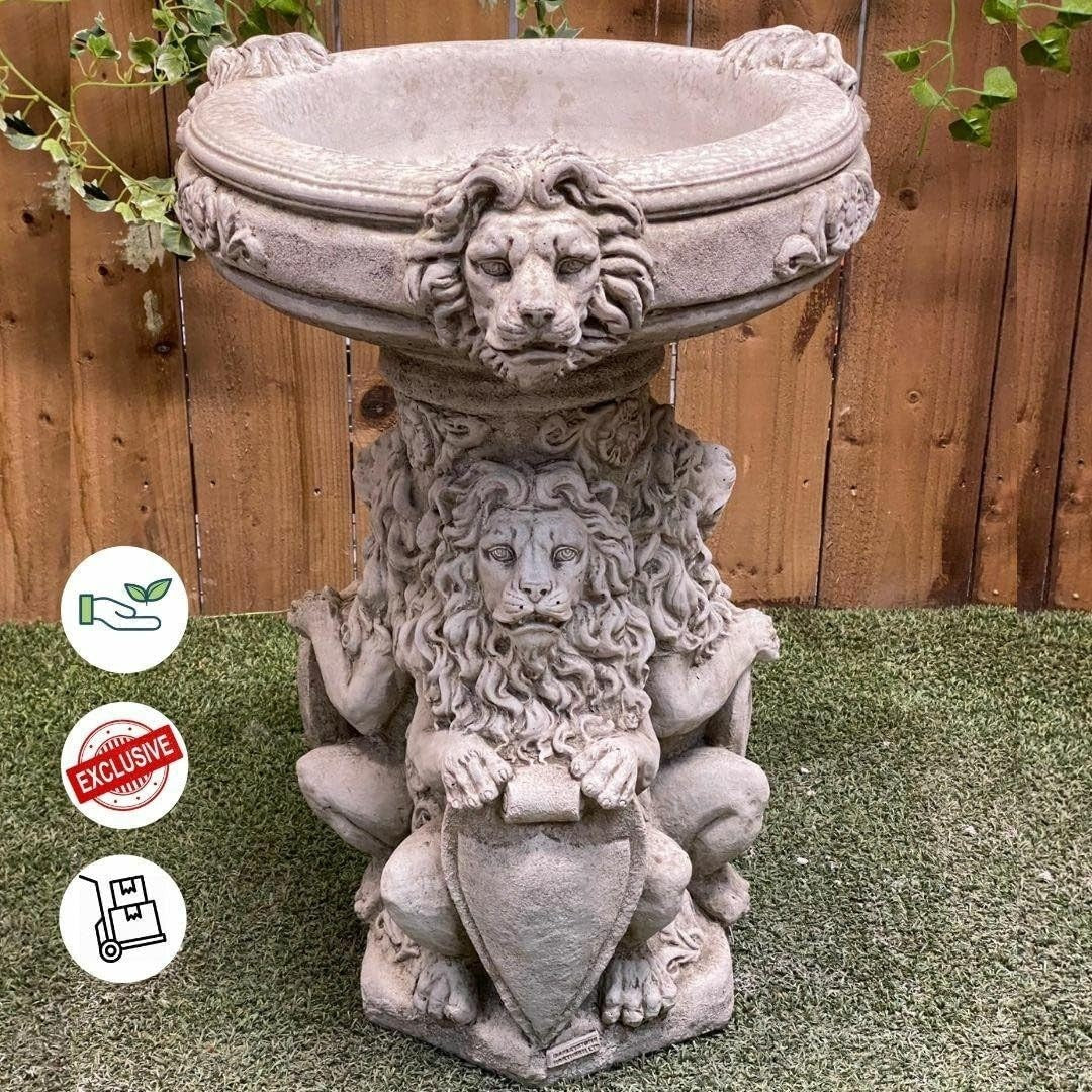 Regal Stone Bird Bath Statue Three Lions Cast Garden Ornament Outdoor