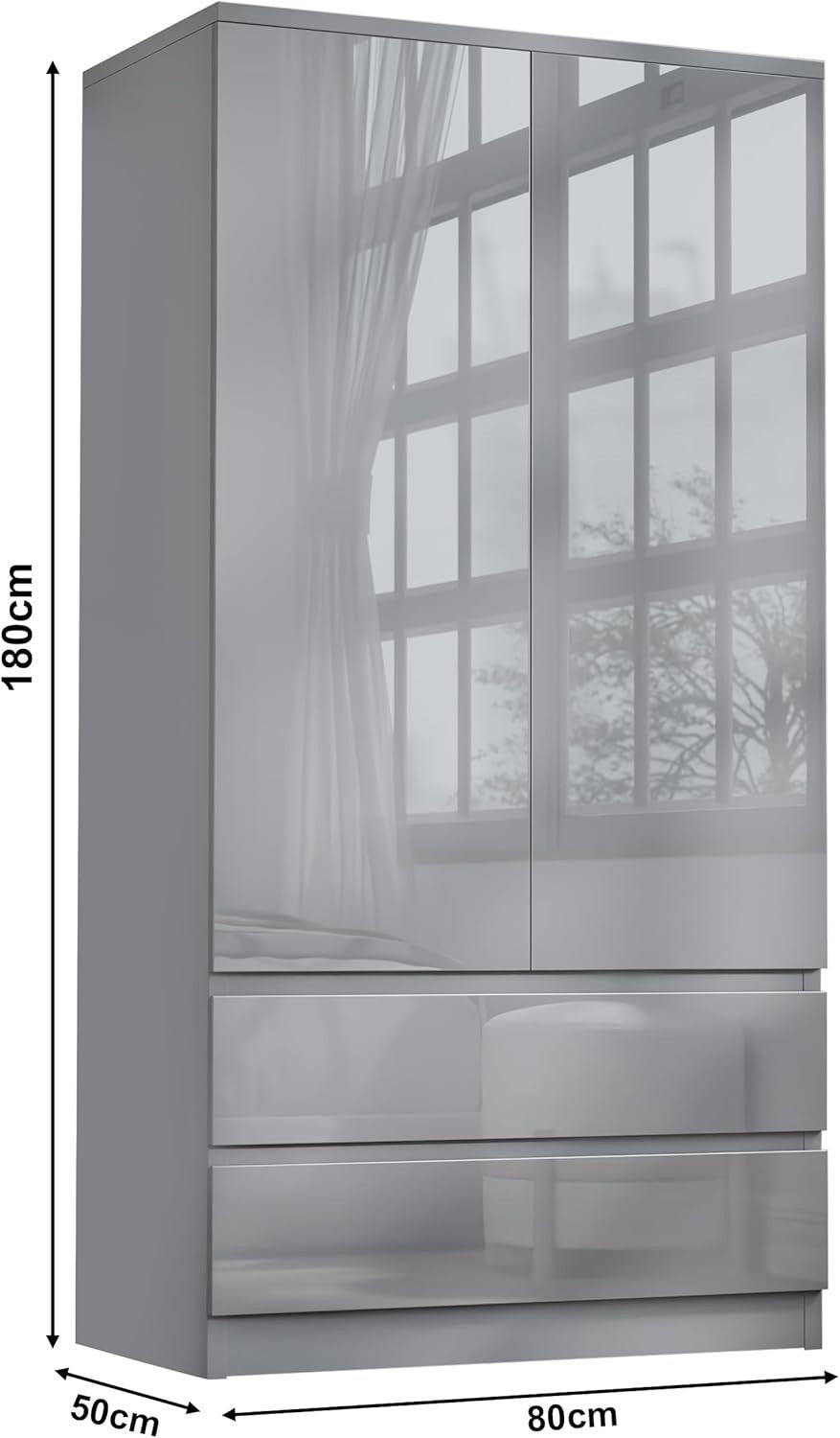 Grey High Gloss Wardrobe 2 Door 2 Drawer Hanging Rail Bedroom Storage