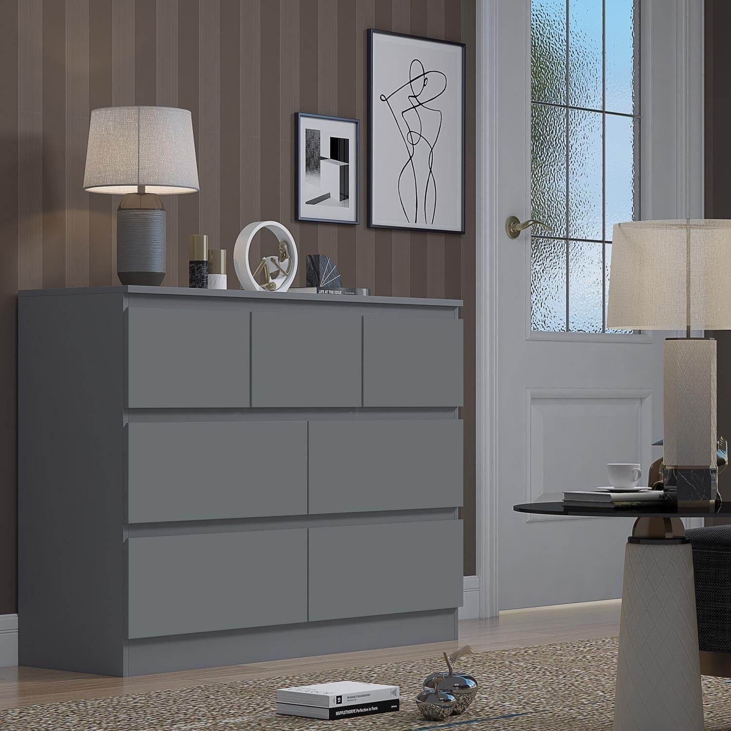 Matt Dark Grey 7 Drawer Chest Modern Storage Unit Bedroom Office