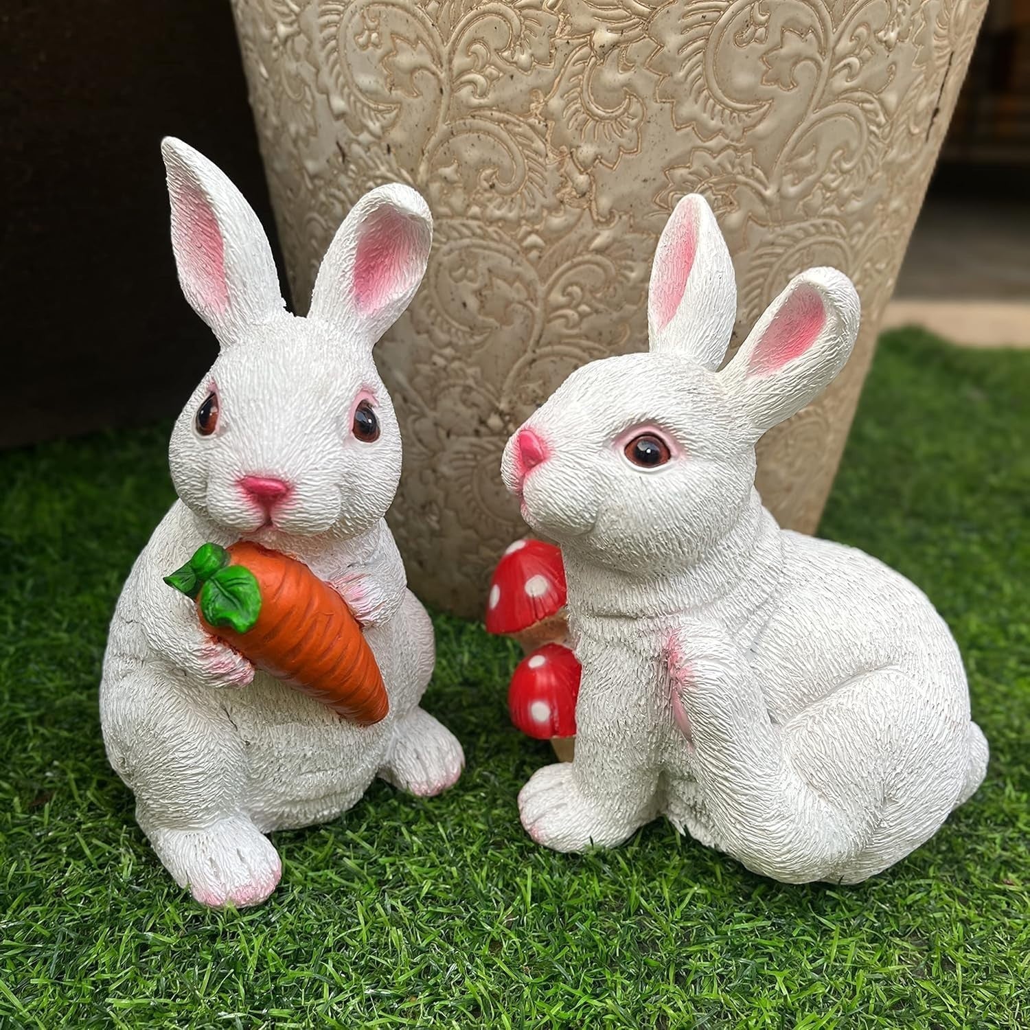 Set of 2 White Rabbit Garden Ornaments • Resin Outdoor Figurines