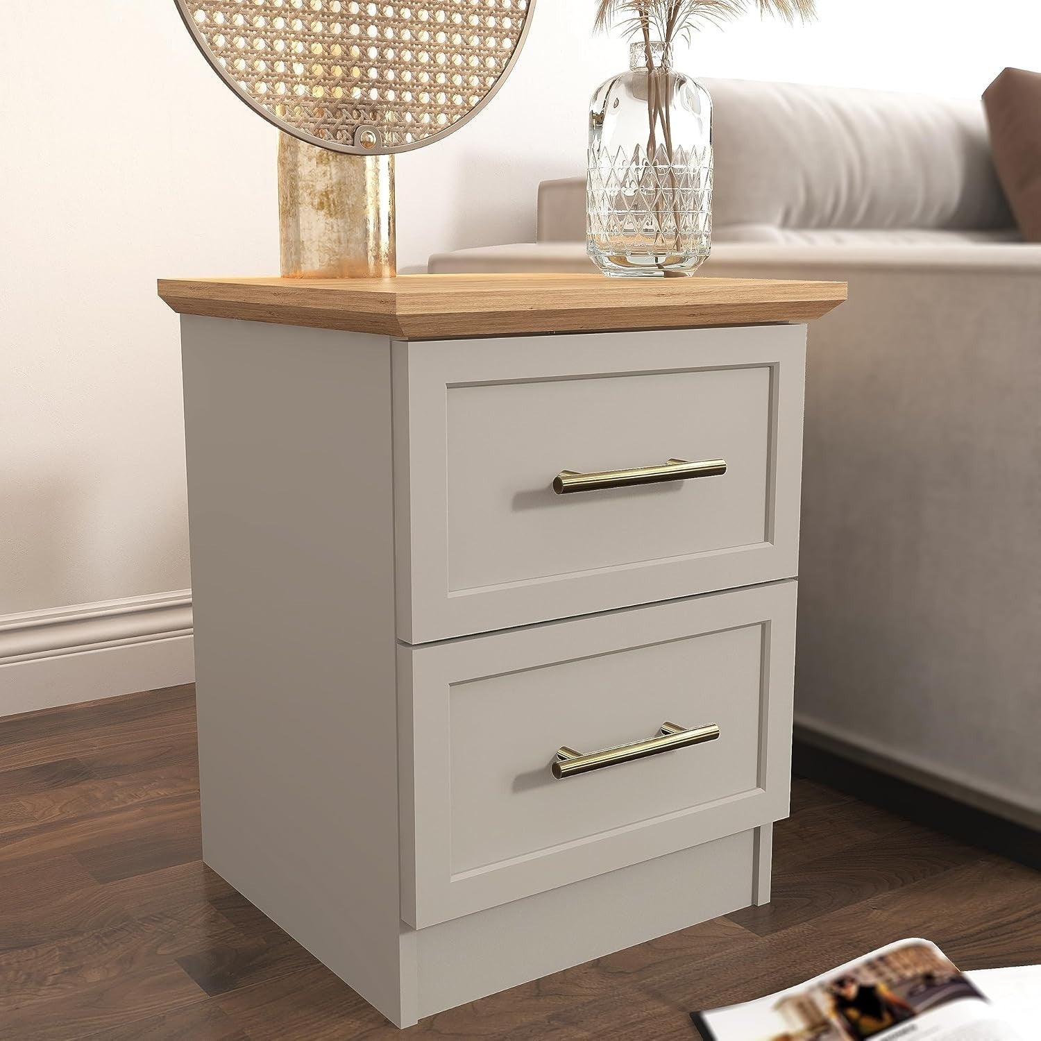 Light Grey & Oak 2 Drawer Bedside Table | Modern Bedroom Storage Nightstand