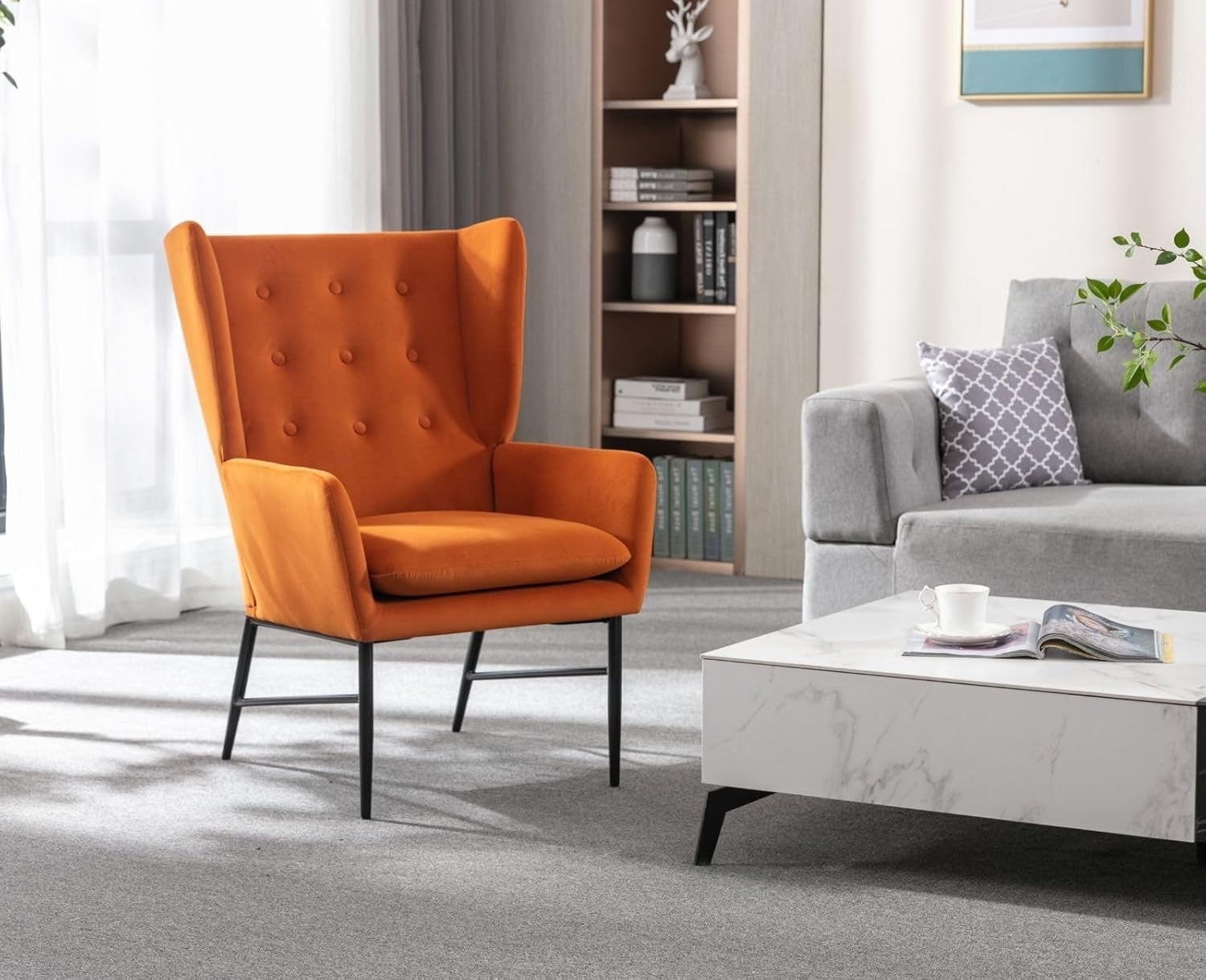 Orange Velvet Accent Armchair Tufted Back Lounge Chair Metal Legs Modern Seat